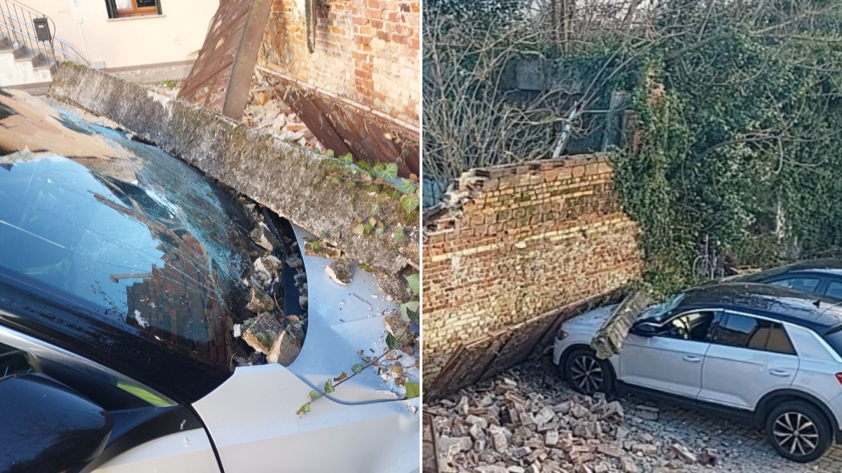 Crolla un muro sulle auto in sosta: paura a Pozzuolo del Friuli | FOTO - 