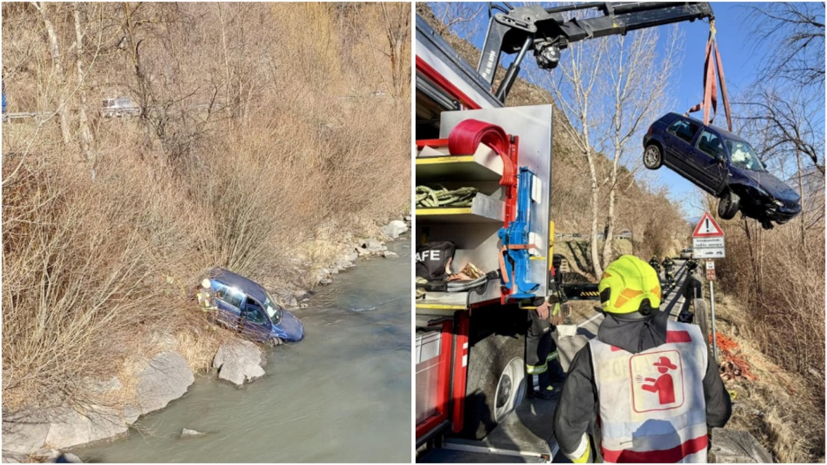 Perde il controllo dell’auto, esce di strada e finisce nel fiume - Alcune immagini del Vigili del fuoco di Laces