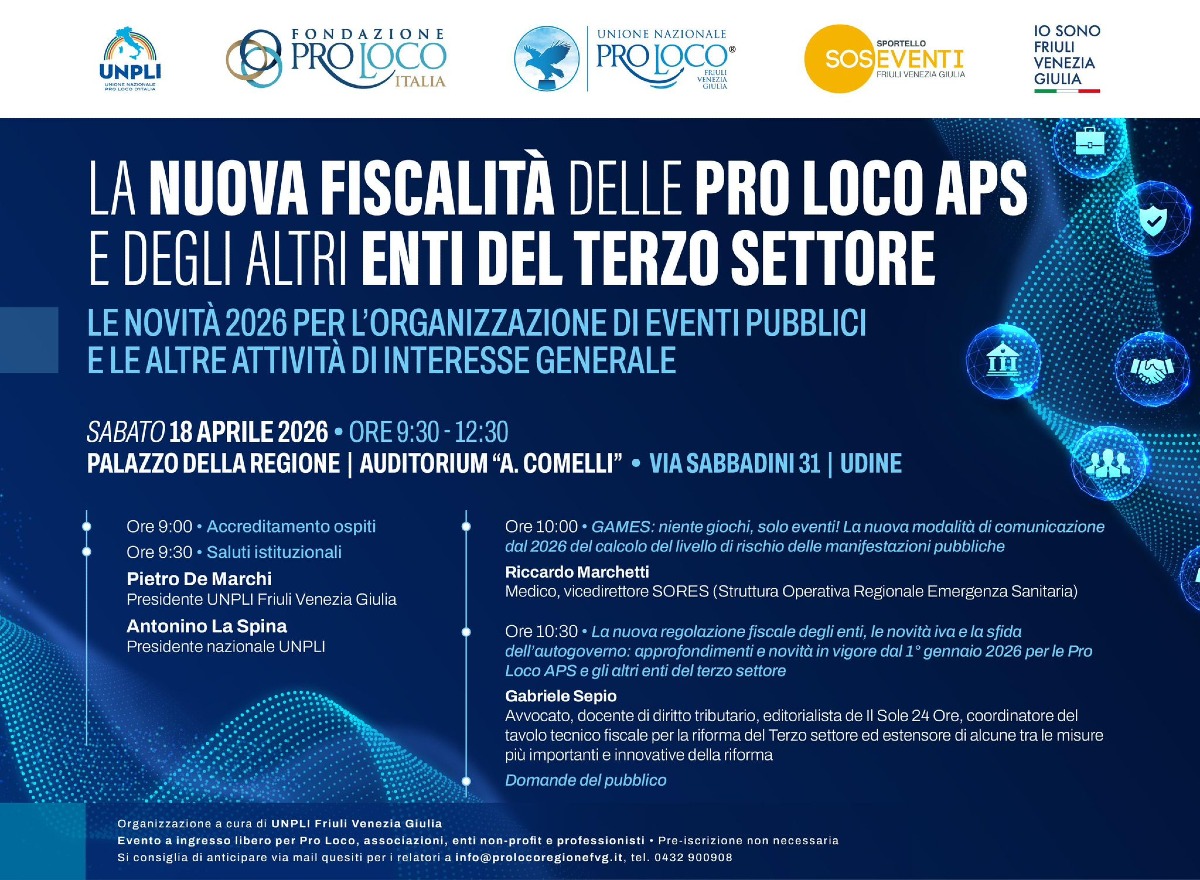 UDINE NUOVA FISCALITÀ: ARRIVA SUPER ESPERTO PER PRO LOCO E ASSOCIAZIONI