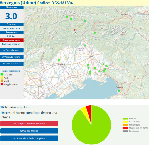 Mappa riassuntiva delle schede di segnalazione del risentimento sismico compilate dai volontari dei gruppi comunali di volontariato di protezione civile