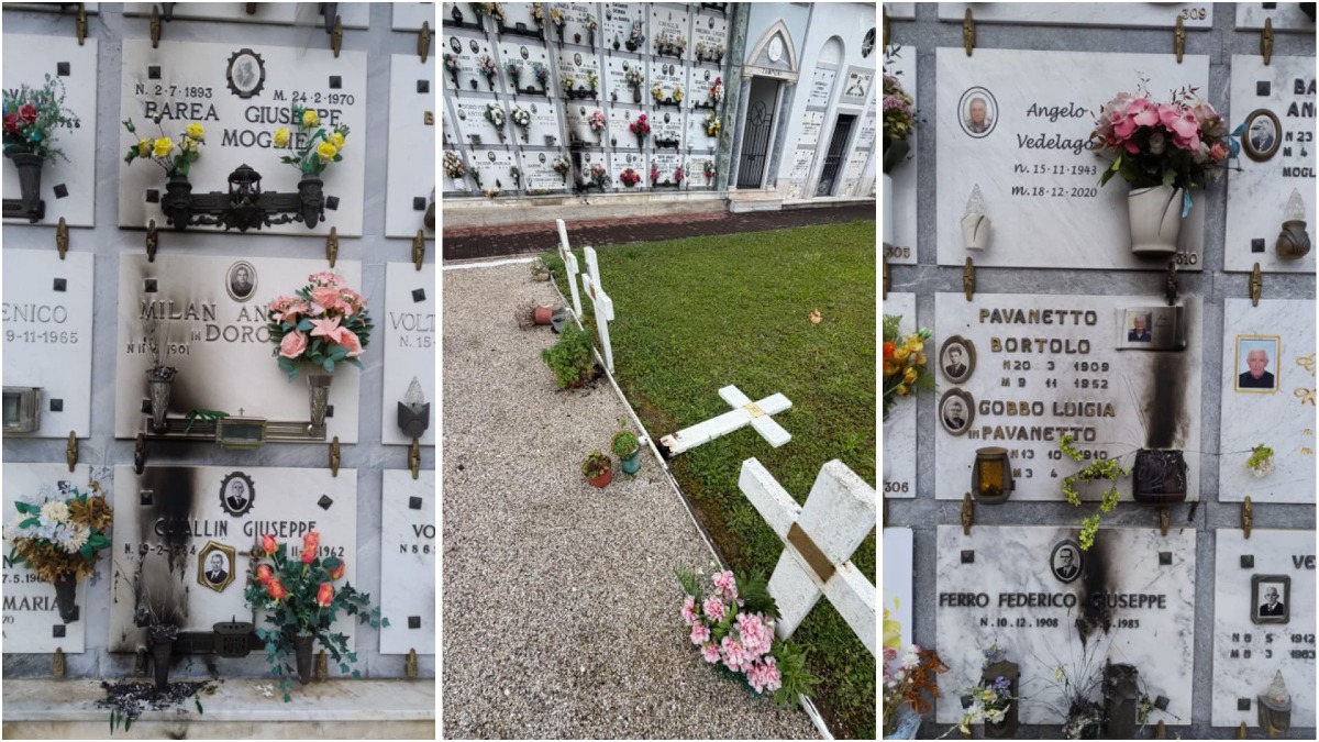 Loculi bruciati, fiori e lumini presi a calci: vandali al cimitero | FOTO - 