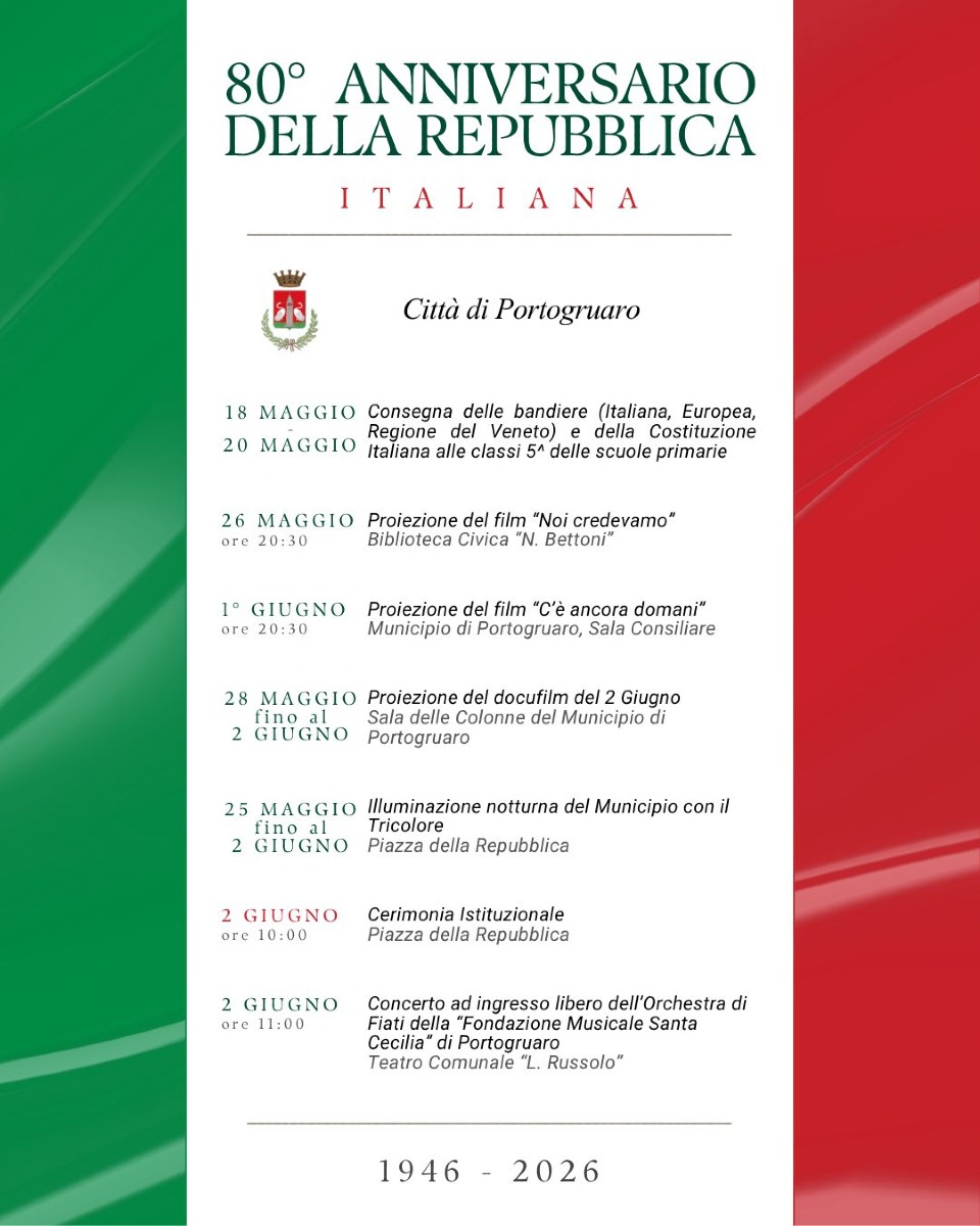 2 GIUGNO: PORTOGRUARO OMAGGIA LA FESTA DELLA REPUBBLICA ITALIANA