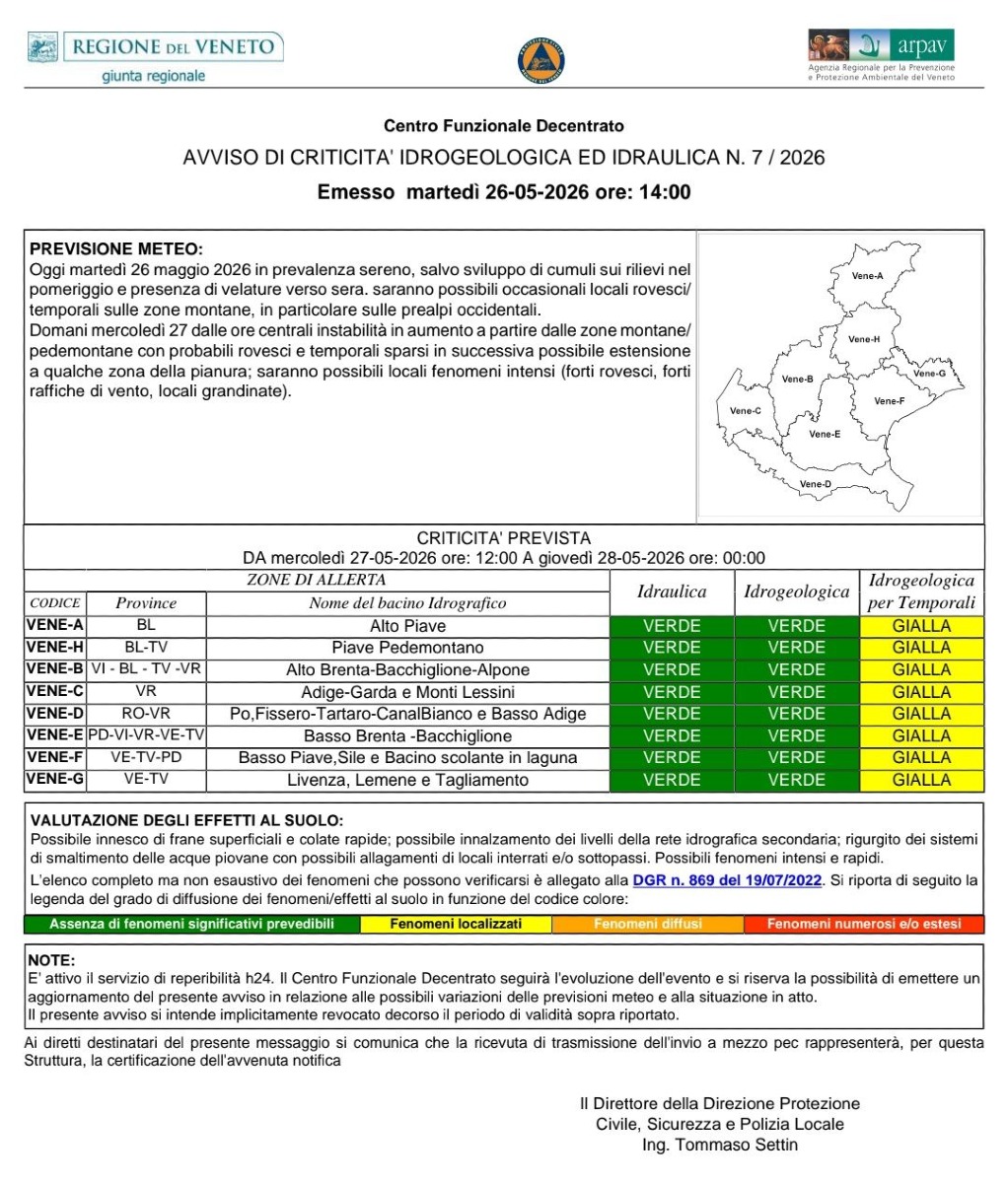 Il bollettino di allerta meteo Veneto
