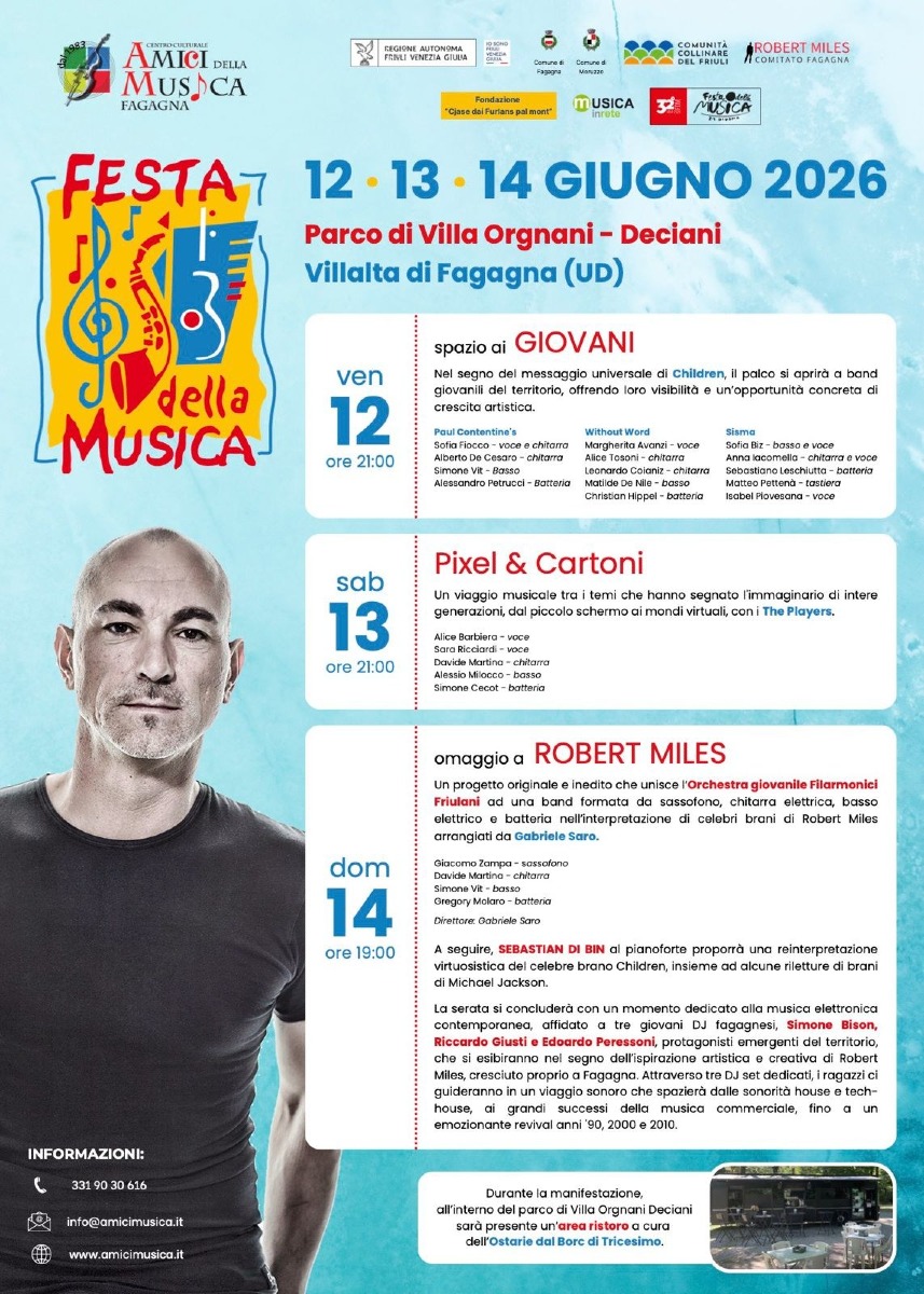 Locandina: Fagagna, tre serate a Villa Orgnani Deciani per la Festa della Musica 2026