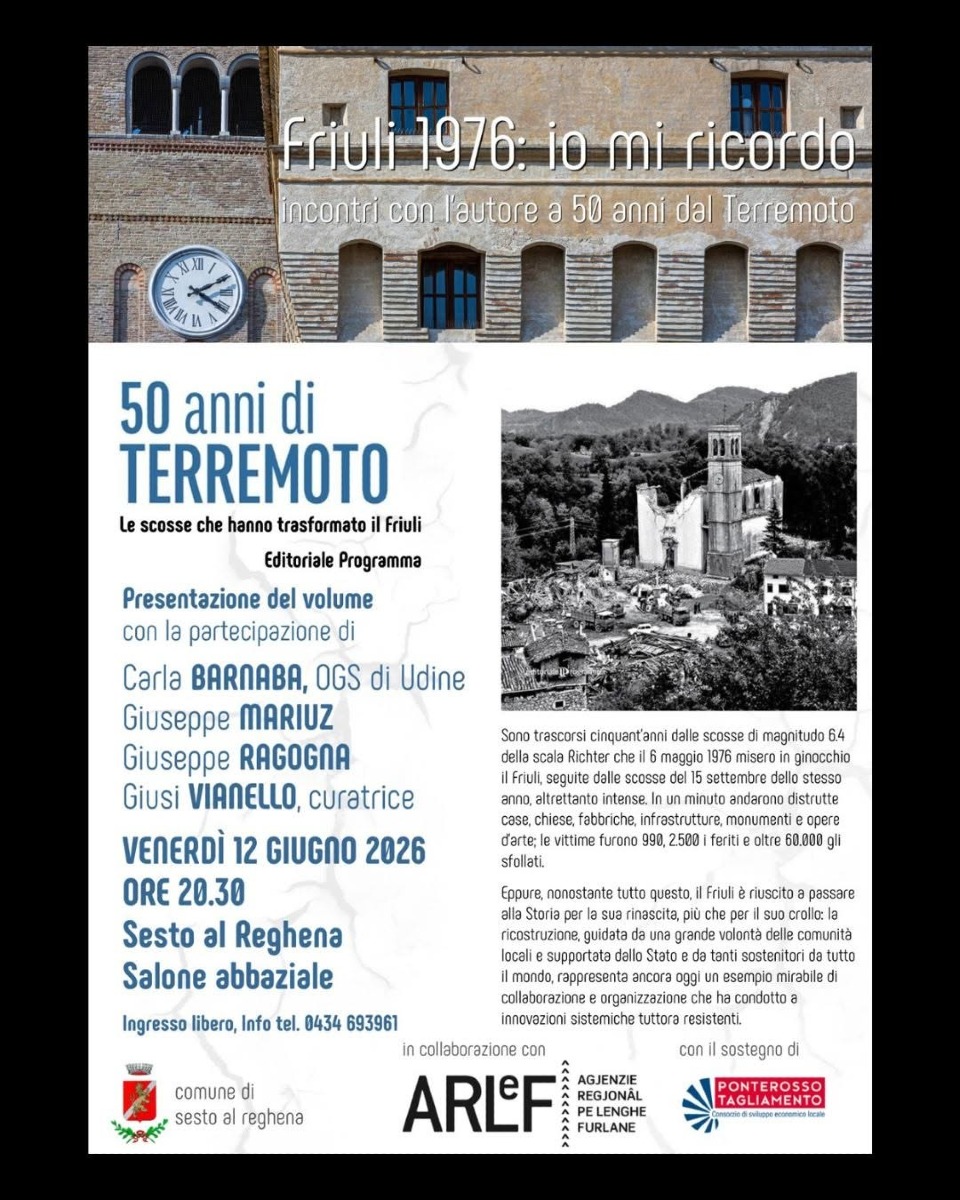 Locandina: Sesto al Reghena, il 12 giugno in Abbazia l’incontro su “50 anni di terremoto”