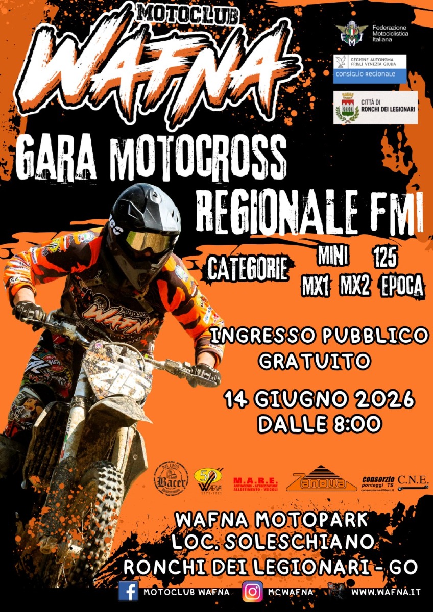 Locandina: Ronchi dei Legionari, domenica 14 giugno tappa del Campionato FVG motocross al Wafna