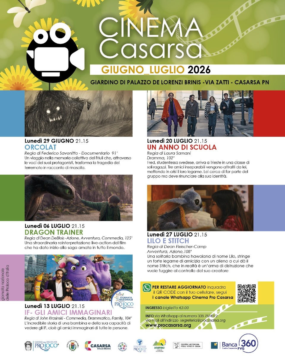 Casarsa della Delizia, cinema all’aperto a Palazzo Brinis: 5 film dal 29 giugno al 27