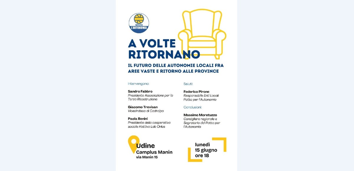 Udine, il 15 giugno incontro sul futuro delle Province e delle autonomie locali in Fvg