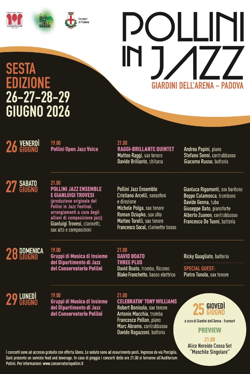 Locandina: Padova, Pollini in Jazz ai Giardini dell’Arena: preview il 25 giugno e concerti il