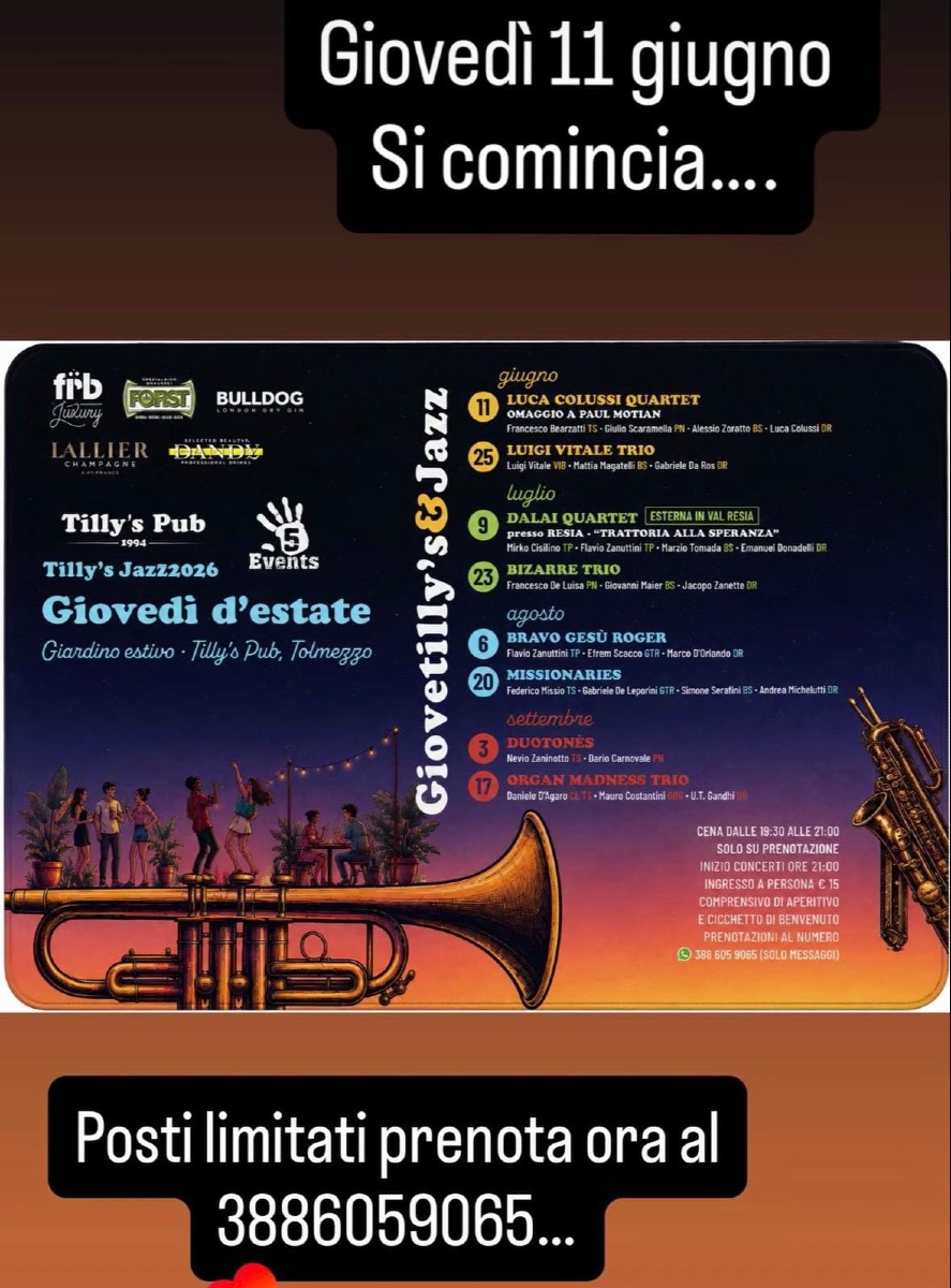 Tilly’s Jazz 2026 a Tolmezzo, il 25 giugno arriva il Luigi Vitale Trio