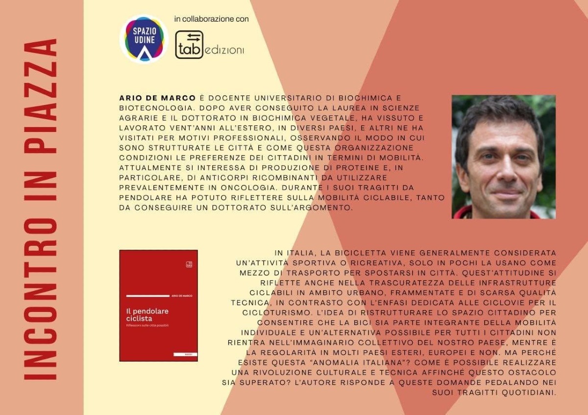 Udine, ai Giardini del Torso il 26 giugno il libro di Ario De Marco sulla mobilità in bici