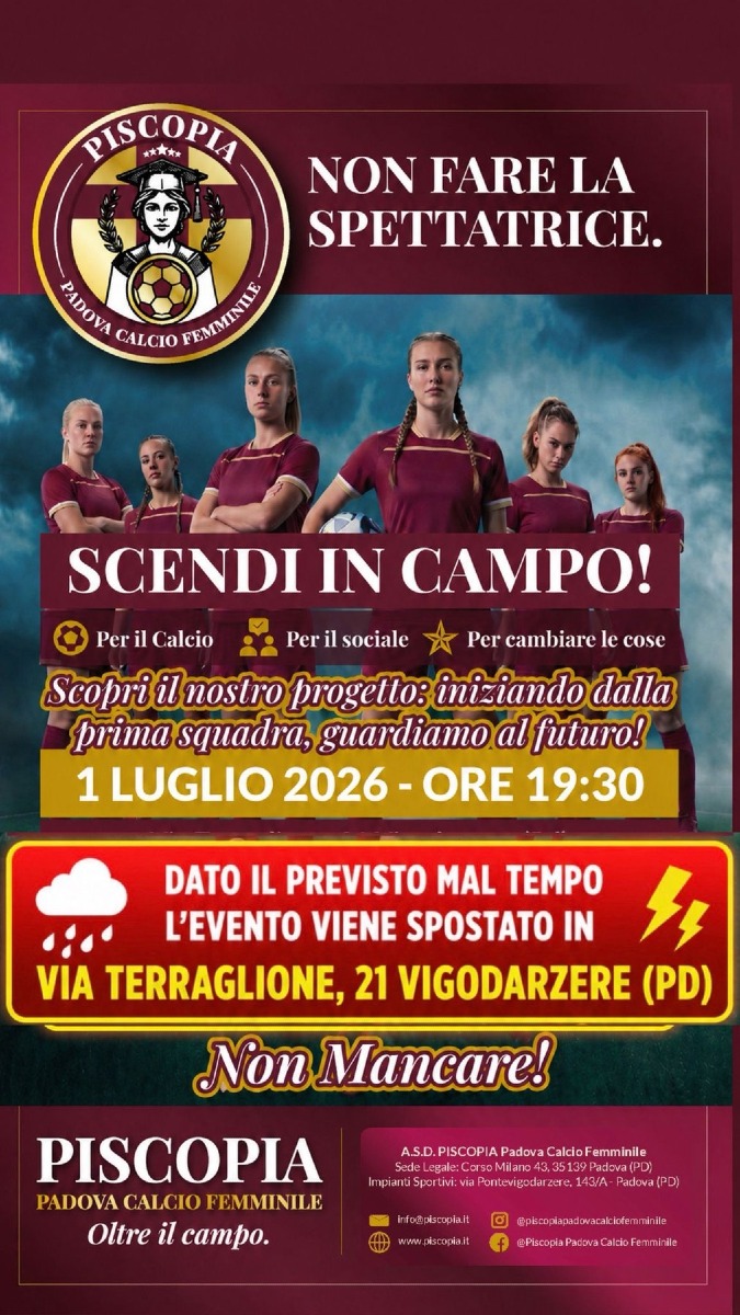 Piscopia Padova Calcio Femminile, cambia sede la presentazione del 1 luglio