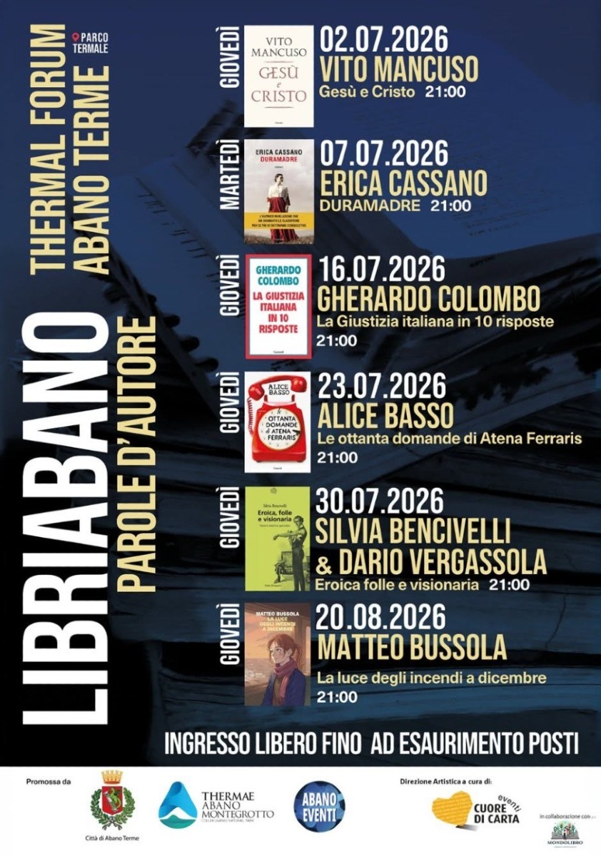 Locandina: LibriAbano 2026, sei autori al Thermal Forum: da Vito Mancuso a Gherardo Colombo