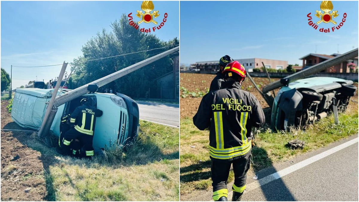 Furgone fuori strada a Istrana: finisce nel fossato contro un palo Enel - 