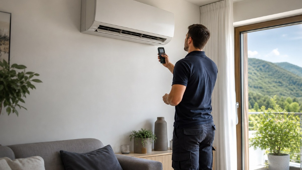 Bonus condizionatori 2026: chi può averlo in Veneto e FVG e come richiederlo - Tecnico controlla un climatizzatore a pompa di calore in un'abitazione