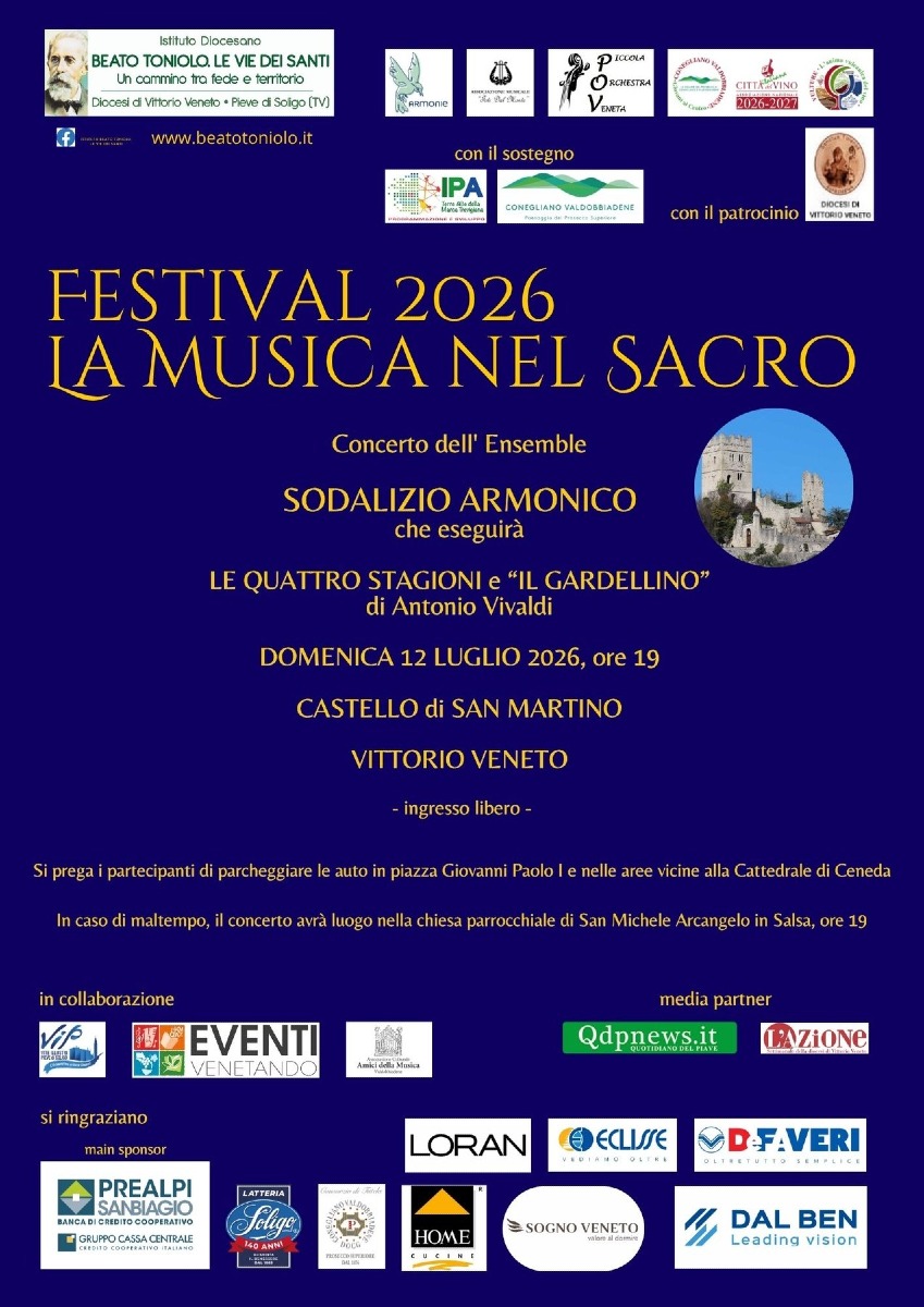 Locandina: Vittorio Veneto, il 12 luglio parte “La Musica nel Sacro” 2026: concerto gratis al