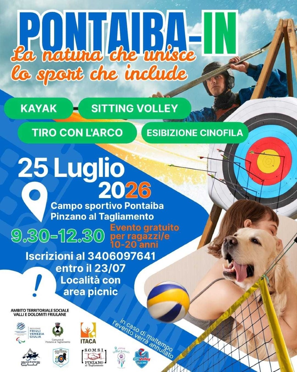 Locandina: Pinzano, sport inclusivo gratis il 25 luglio: kayak, tiro con l’arco e cani in acqua