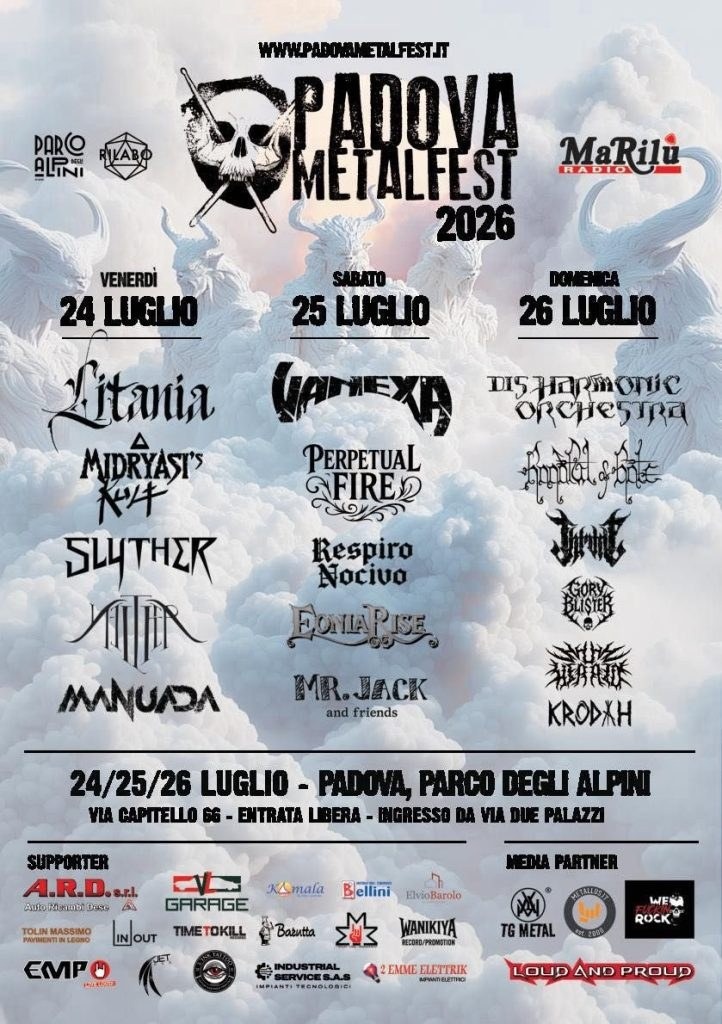 Locandina: Padova Metal Fest 2026, tre giorni gratis al Parco degli Alpini con 16 band