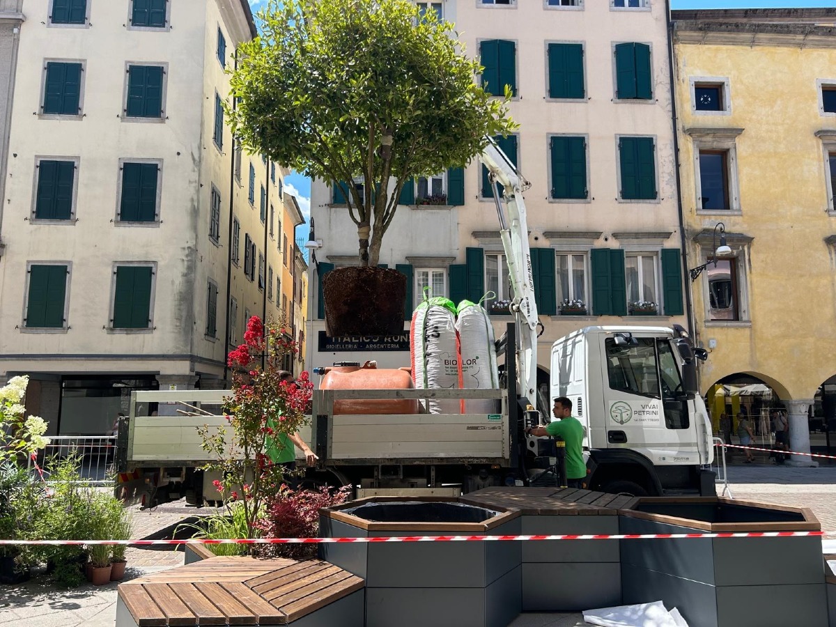 Udine, in via Mercatovecchio arrivano sette isole verdi con alberi e 100 sedute