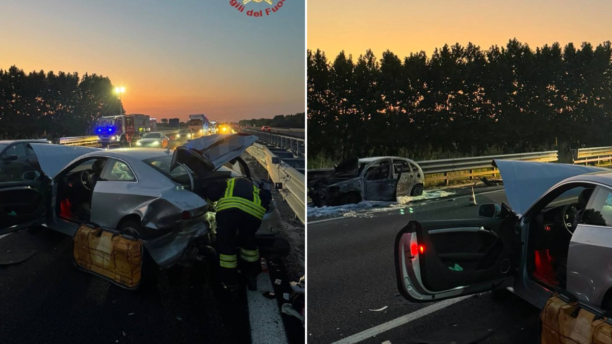 Scontro all’alba in A4, un’auto prende fuoco: due feriti | FOTO - 