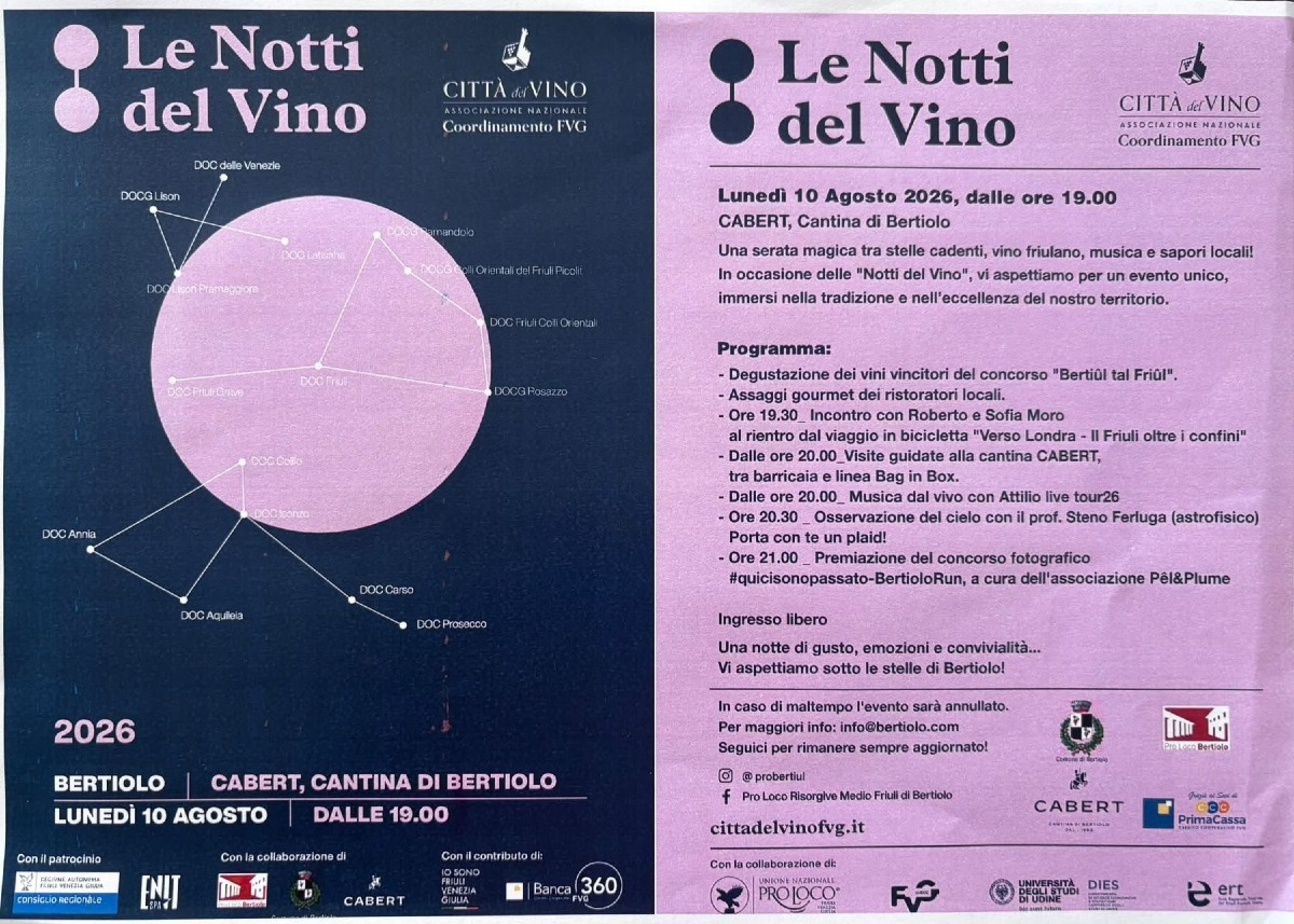 Le Notti del Vino 2026, tra stelle cadenti ed eclissi: tappe a Bertiolo, Aquileia e