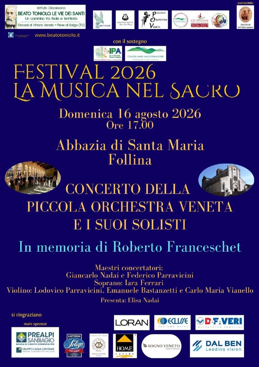 Locandina: Follina, il 16 agosto concerto della Piccola Orchestra Veneta nell’Abbazia di Santa