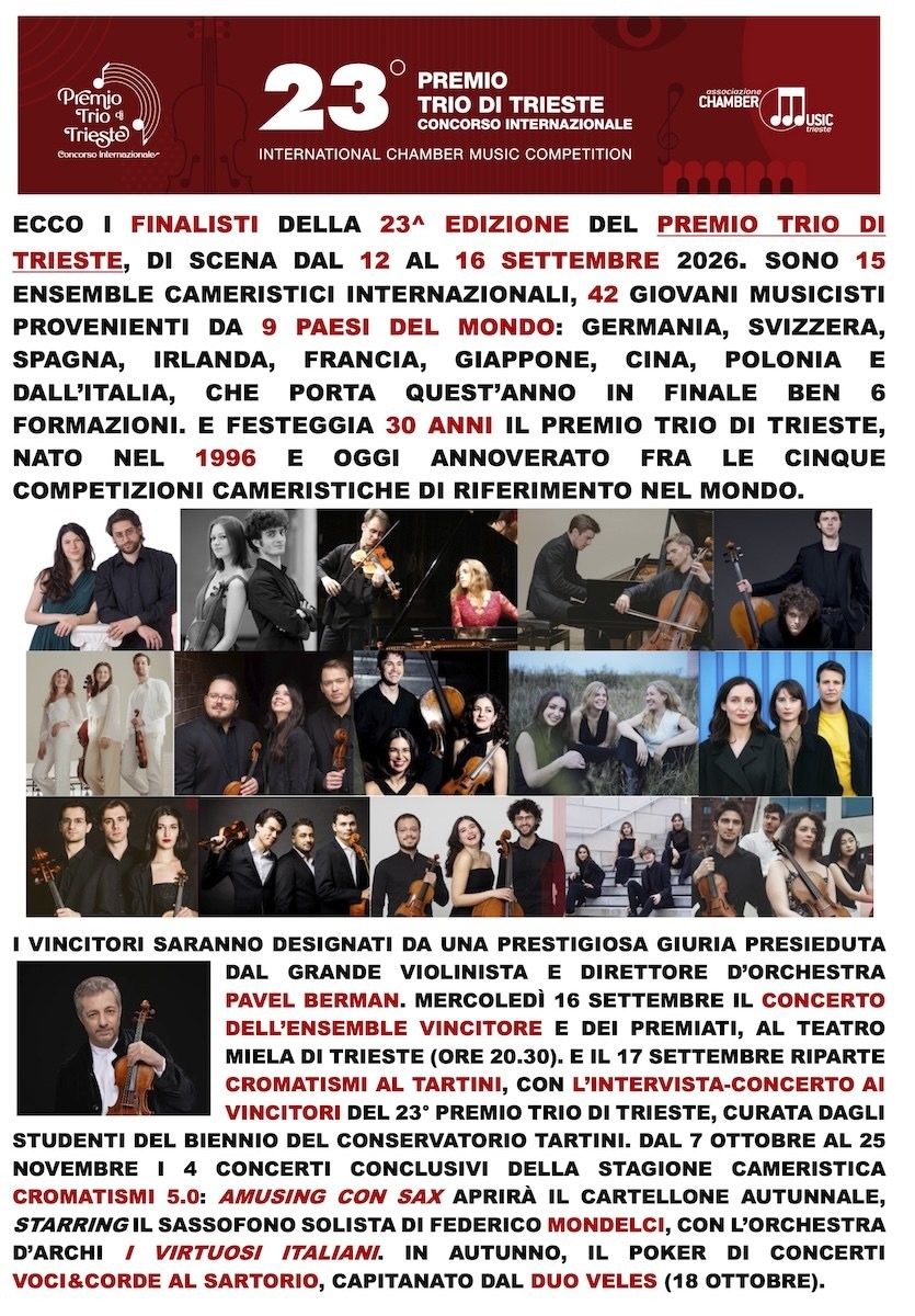 Premio Trio di Trieste 2026, ecco i 15 finalisti da 9 Paesi: finale il 16 settembre al
