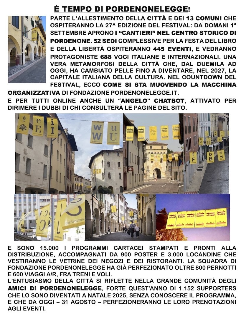 Pordenonelegge 2026, parte l’allestimento: 445 eventi in 52 sedi dal 16 al 20 settembre