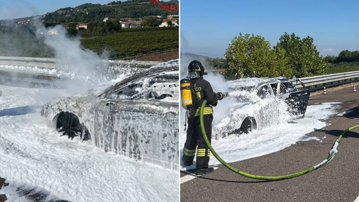 A4 verso Milano, vettura distrutta dal fuoco tra Montecchio e Montebello - 
