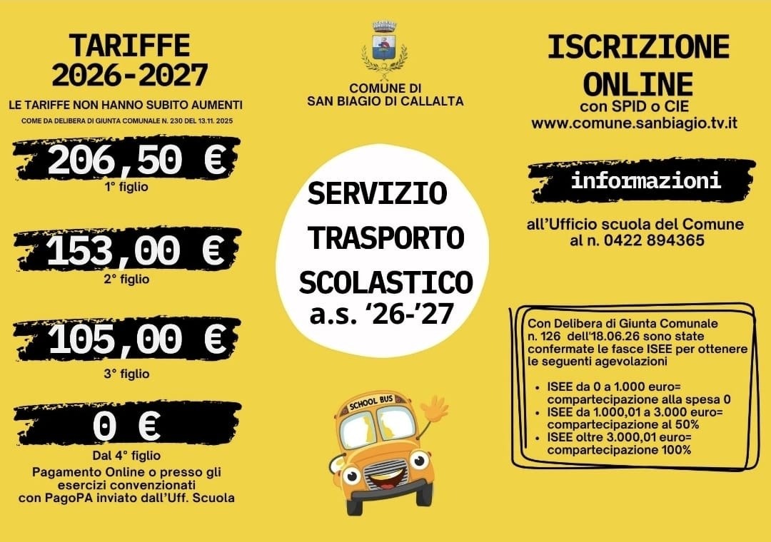 San Biagio di Callalta, mensa e scuolabus senza rincari per l’anno scolastico 2026-2027