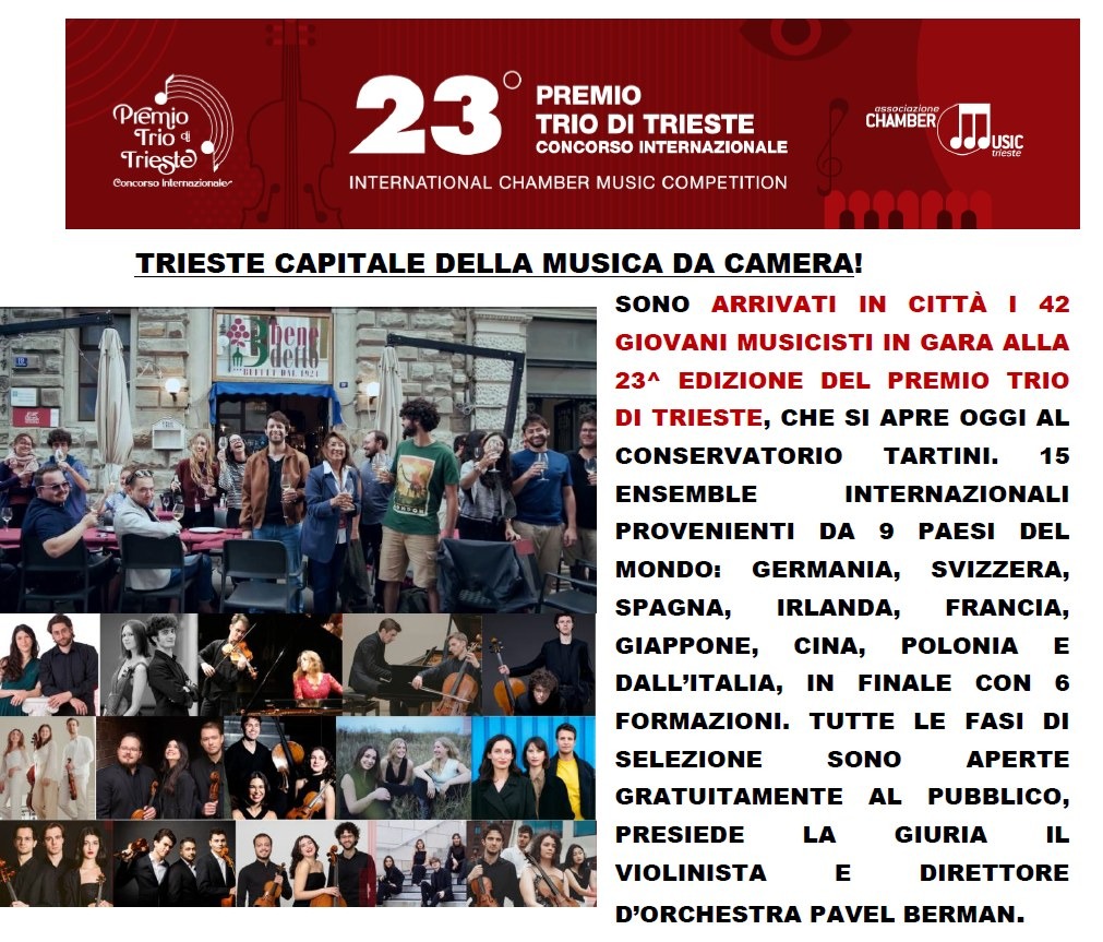 Premio Trio di Trieste 2026, 42 giovani musicisti da 9 Paesi al via al Tartini