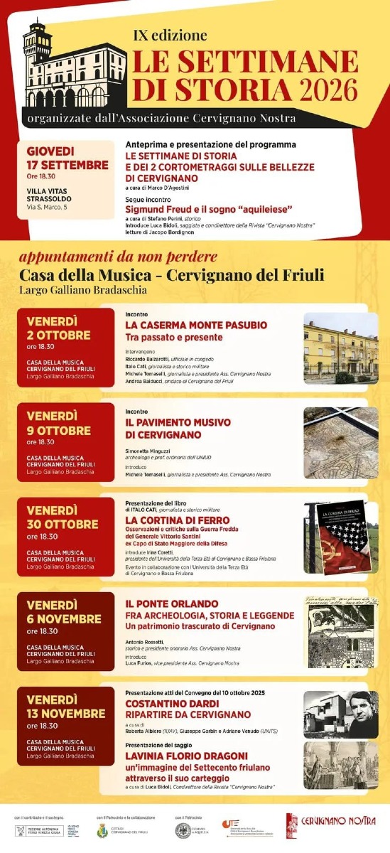 Cervignano, Le Settimane di Storia 2026 partono il 17 settembre con focus su tre beni