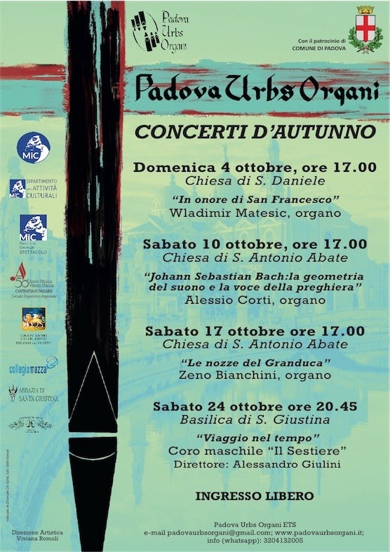 Locandina: Padova Urbs Organi, quattro concerti d’ottobre tra S. Daniele, S. Antonio Abate e S