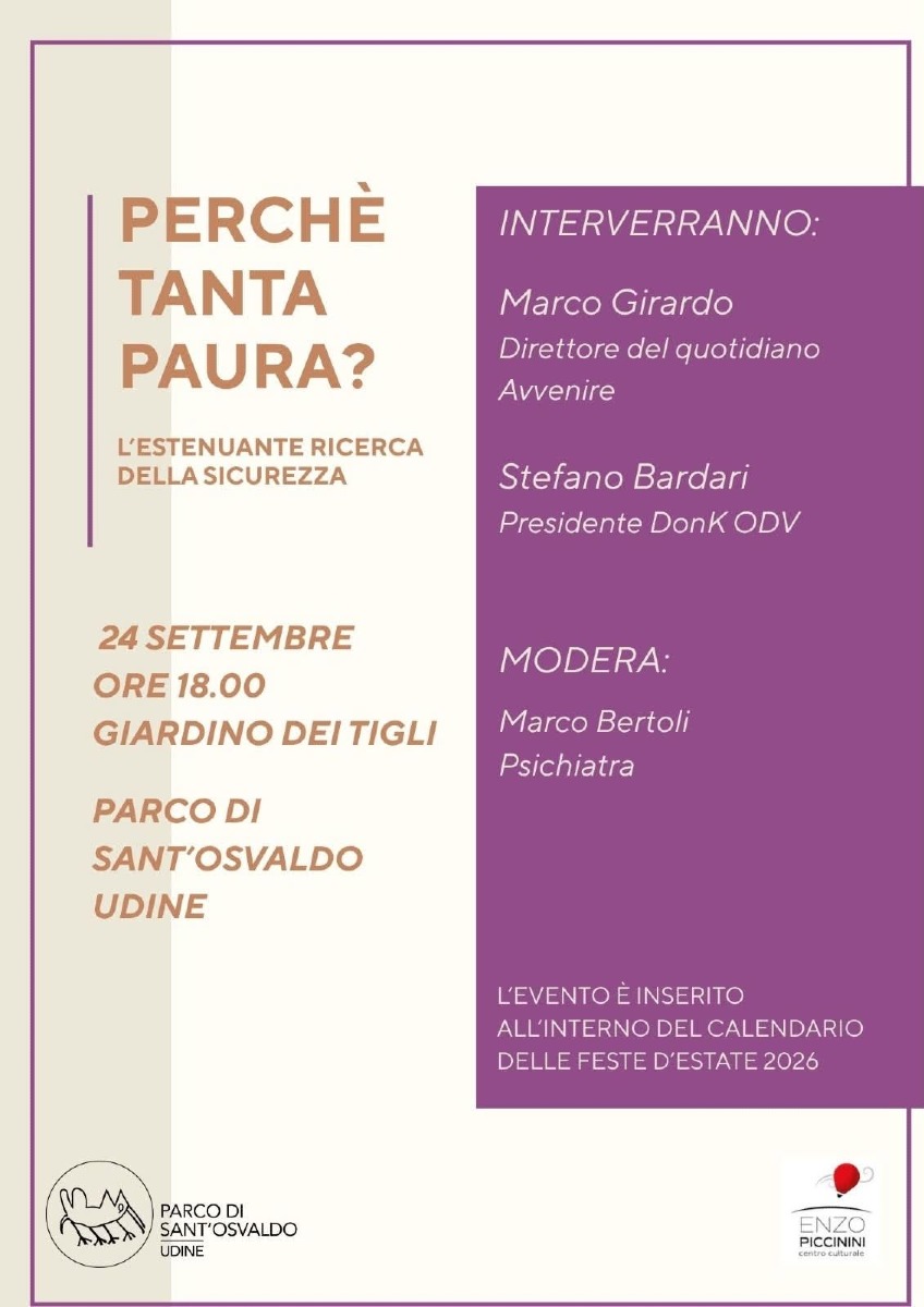 Locandina: Udine, al Parco di Sant’Osvaldo un incontro pubblico su paura e sicurezza