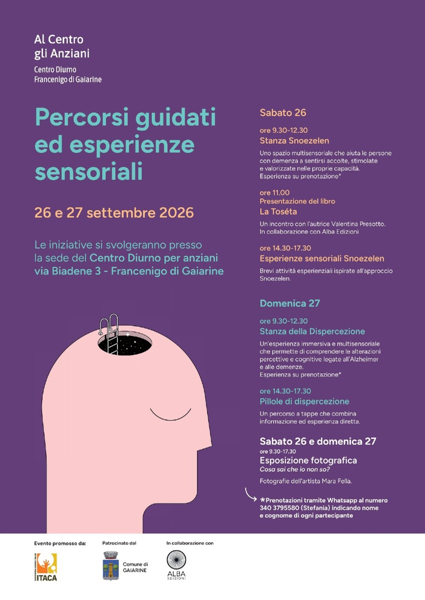 Locandina: Demenza e Alzheimer, a Gaiarine due giornate gratuite con percorsi sensoriali