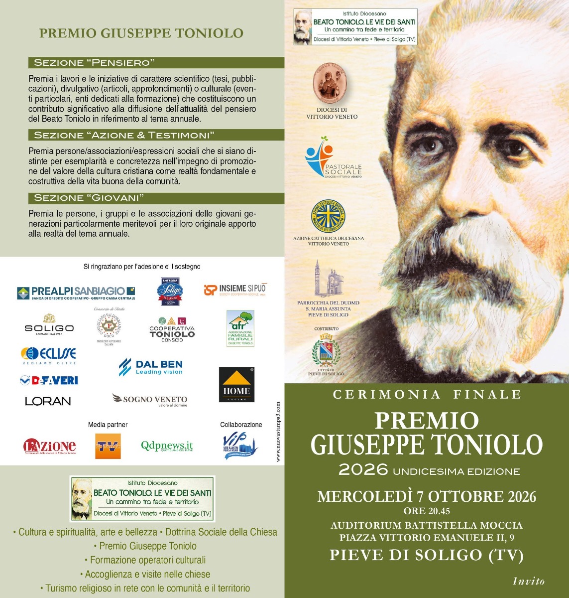 Premio Giuseppe Toniolo 2026, il 7 ottobre a Pieve di Soligo la serata finale