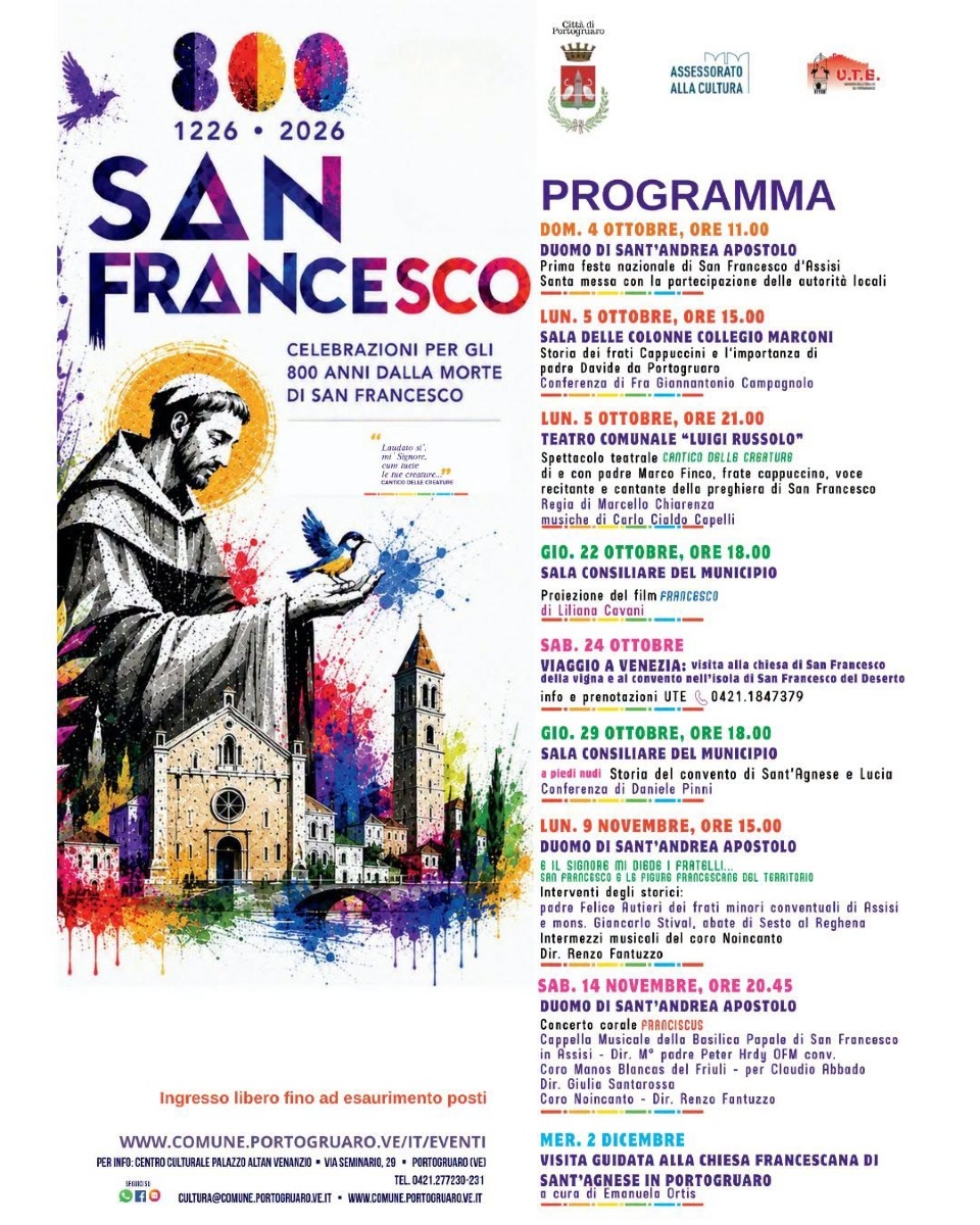 Locandina: Portogruaro, nove appuntamenti fino al 2 dicembre per gli 800 anni di San Francesco