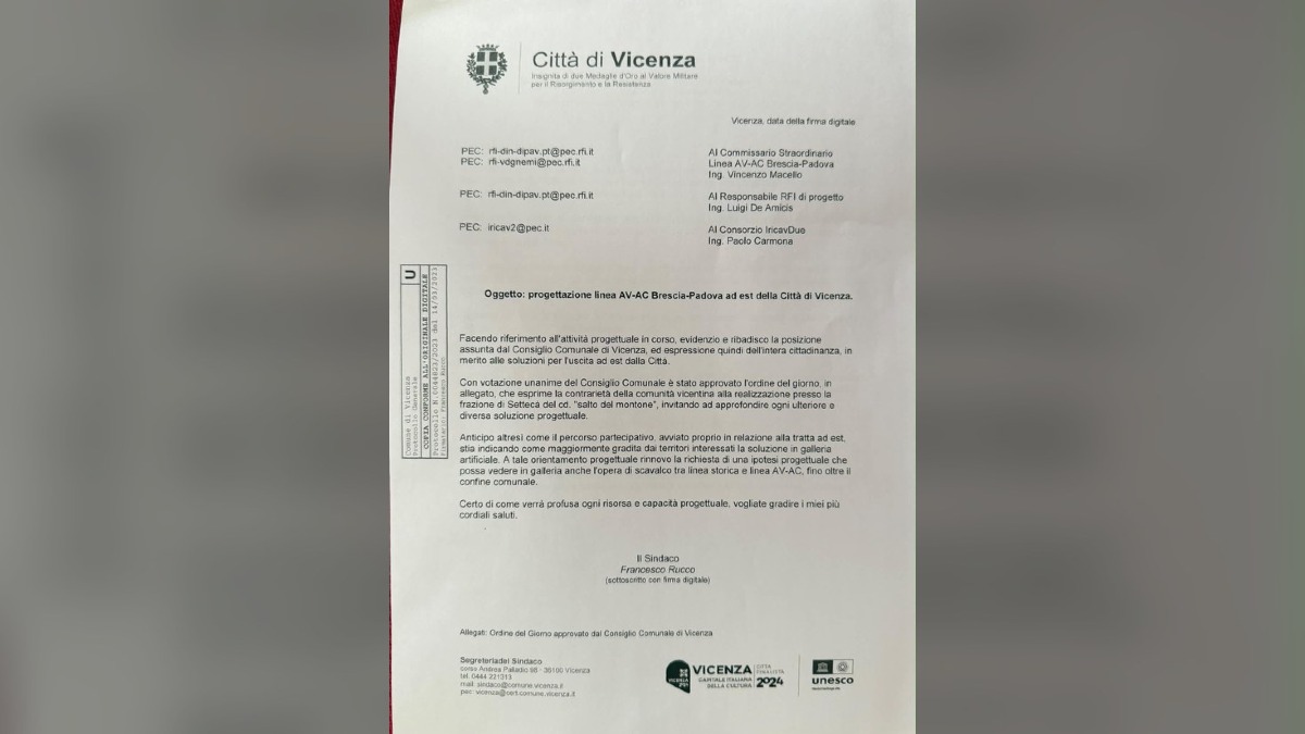 Alta velocità a est di Vicenza, Rucco sollecita Salvini: confronto da riaprire su Settecà - 