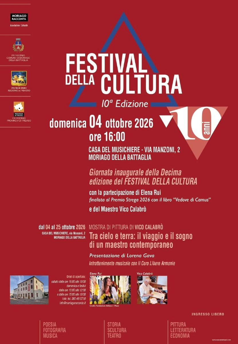 Locandina: Moriago della Battaglia, il Festival della Cultura festeggia 10 anni con Elena Rui