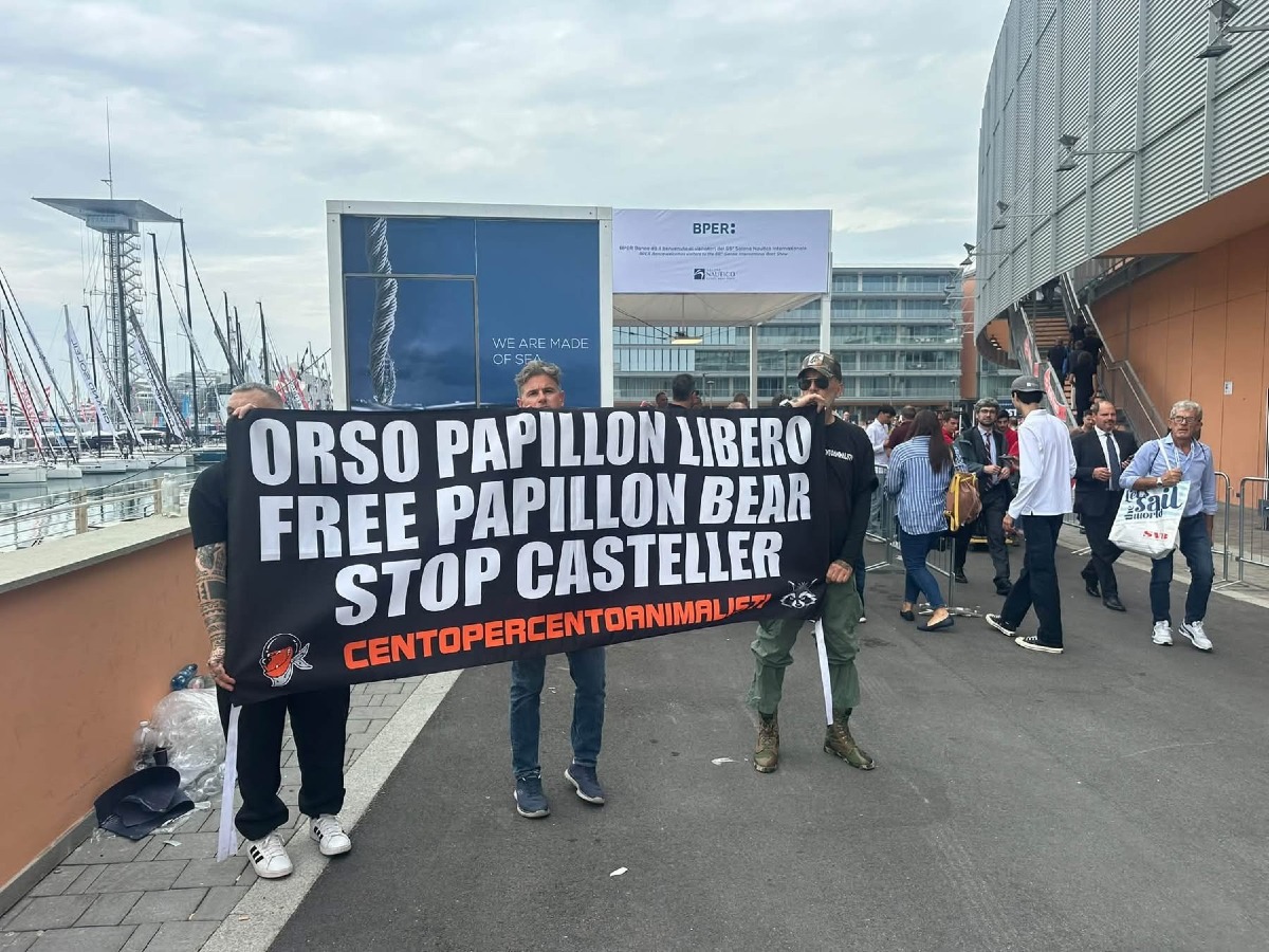 Protesta per l’orso Papillon al Salone Nautico di Genova: attivisti identificati