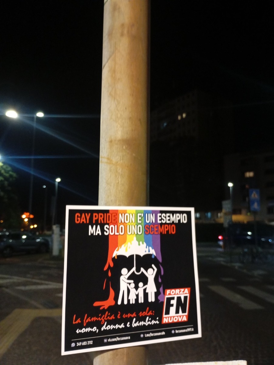 Manifesti di Forza Nuova contro il Pride affissi nella notte nel centro di Udine