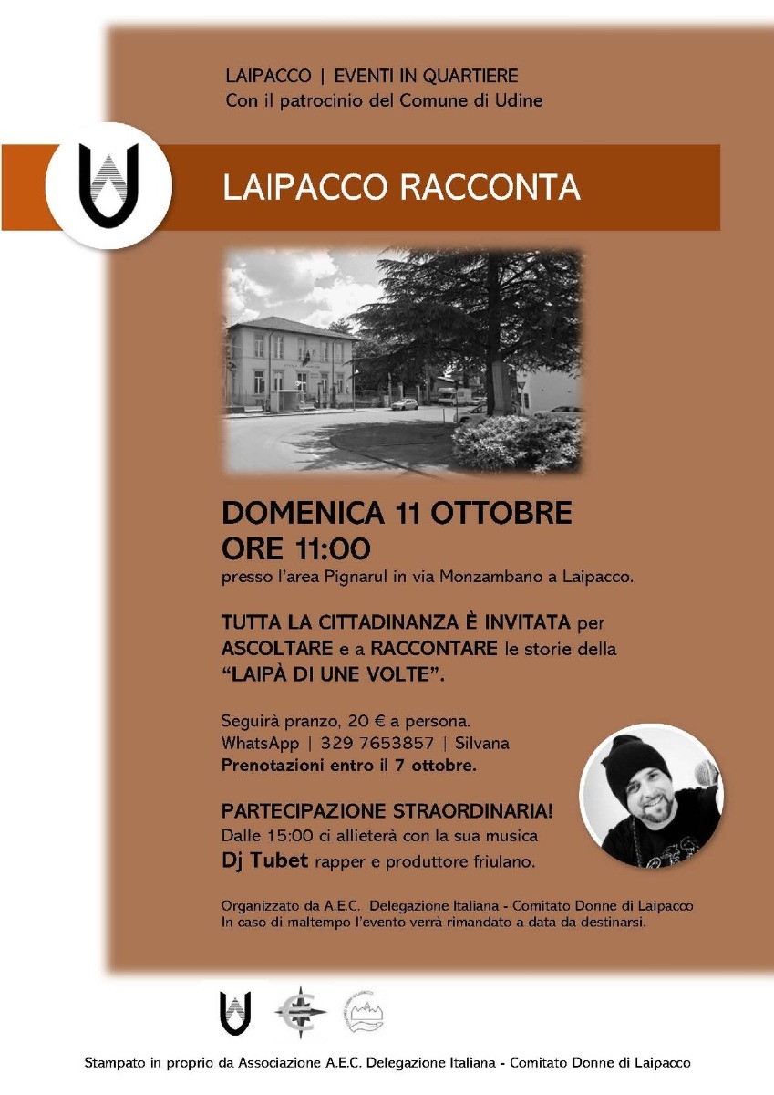 Locandina: Laipacco Racconta a Udine, domenica 11 ottobre: storie del quartiere, pranzo a 20