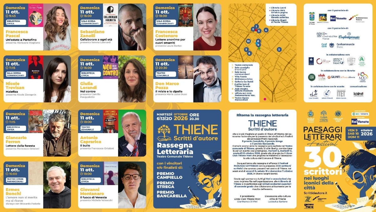 Locandina: Thiene, dal 9 all’11 ottobre 2026 debutta Paesaggi Letterari con 30 autori in 10