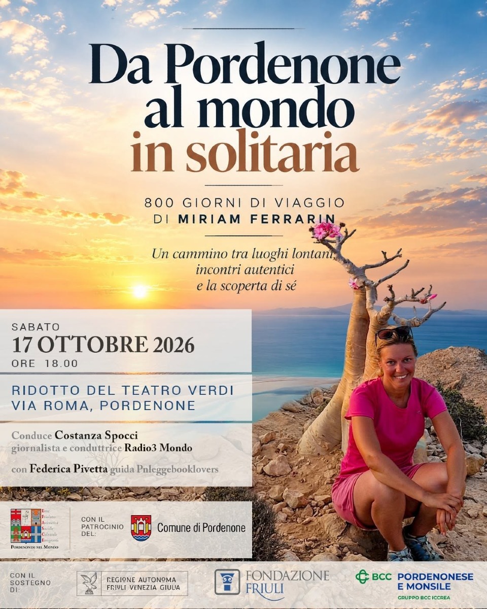 Locandina: Miriam Ferrarin torna a Pordenone dopo 830 giorni all’estero: incontro il 17 ottobre