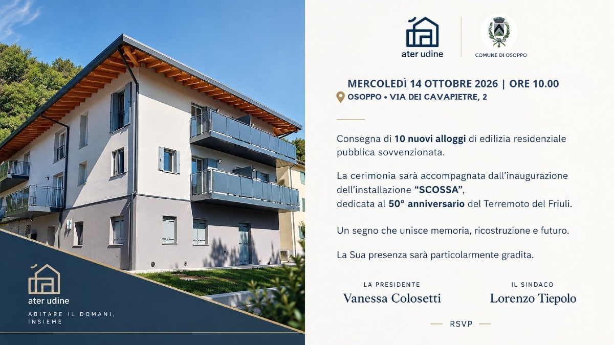 Locandina: Osoppo, Ater Udine consegna 10 nuovi alloggi in via dei Cavapietre il 14 ottobre