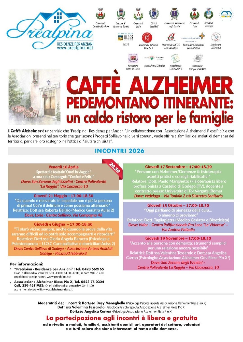 Locandina: Vidor, il 15 ottobre torna il Caffè Alzheimer: incontro gratuito sulla cura delle