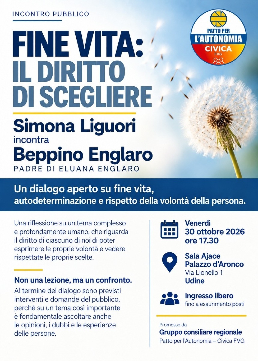 Fine vita, il 30 ottobre a Udine incontro pubblico con Beppino Englaro