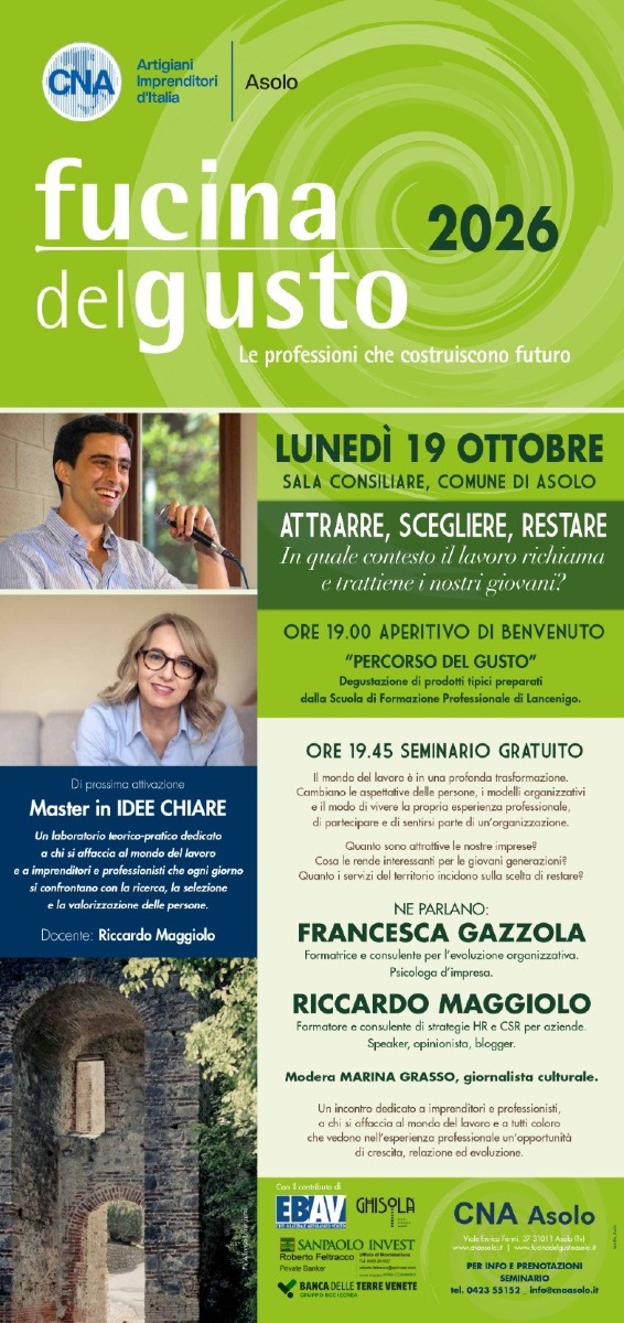 Locandina: Asolo, “Fucina del Gusto” dedica un seminario a giovani, lavoro e futuro del