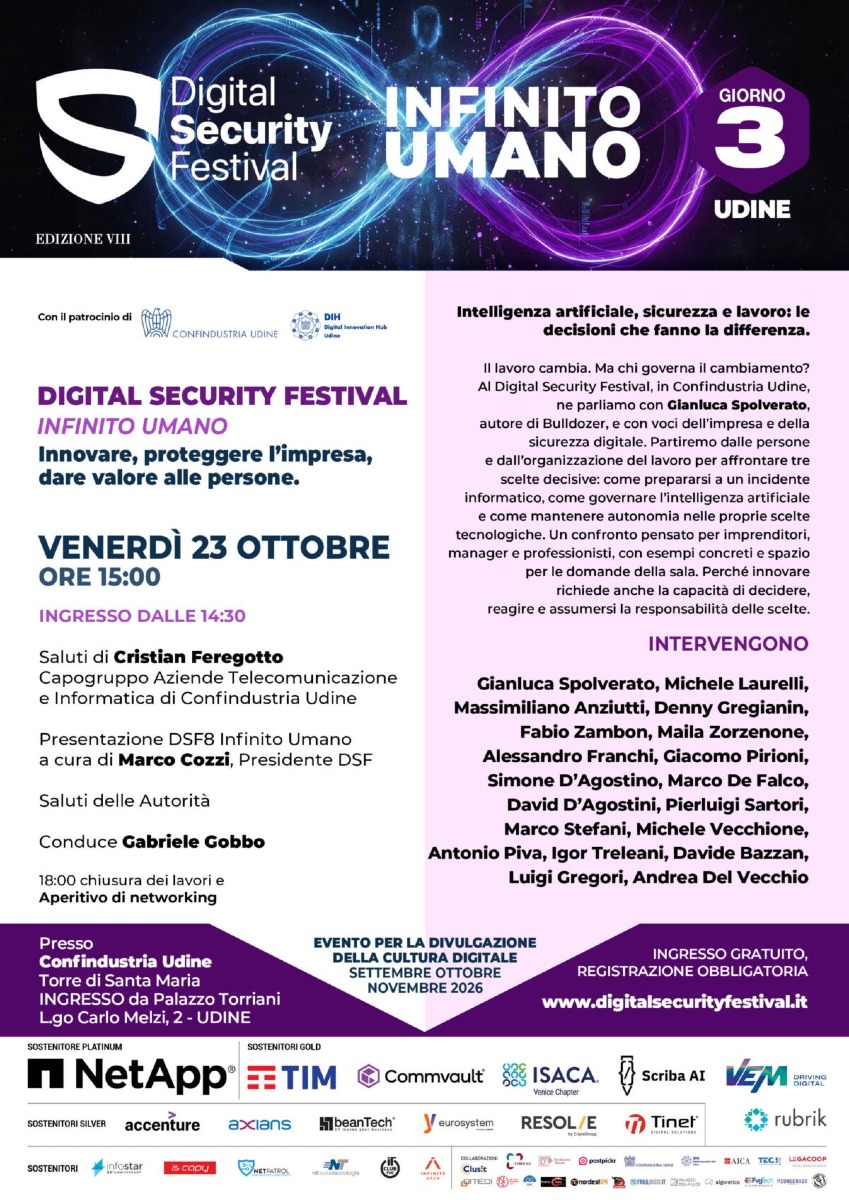 Digital Security Festival a Udine il 23 ottobre, focus su AI, sicurezza e lavoro
